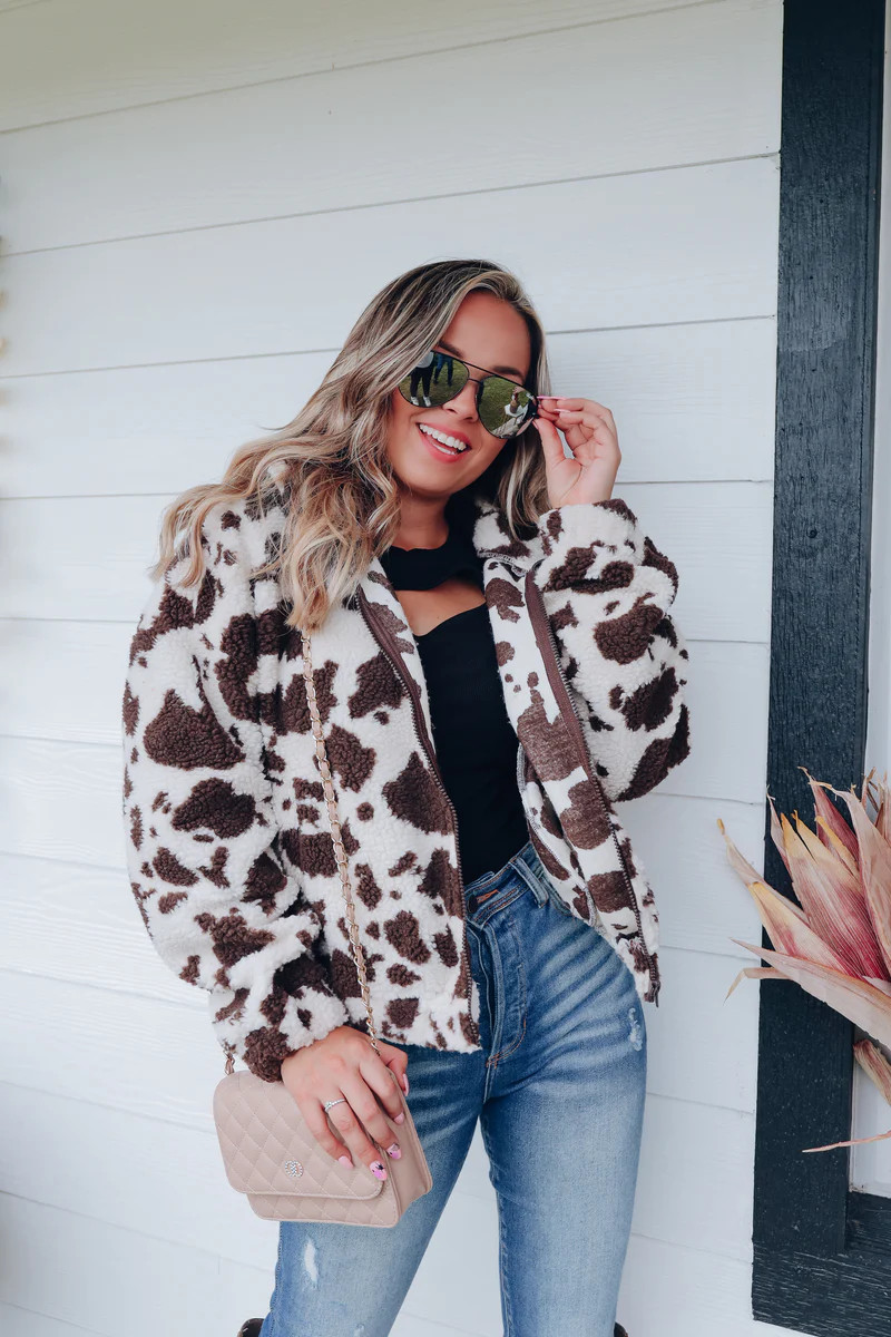 Forever Cozy Faux Fur Jacket - Cow Print | Whiskey Darling Boutique