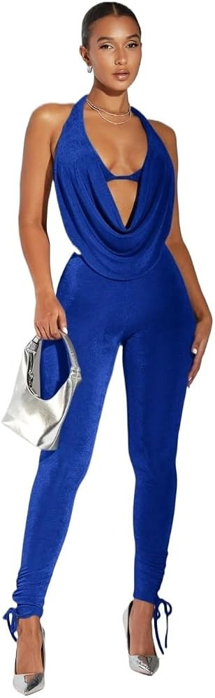 womens two piece outfits summer Solid Color Hollow Out Neck Top Pants Two Piece Set(Size:Medium), Royal Blue | Amazon (US)
