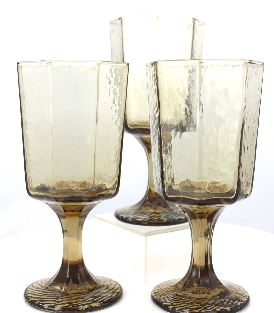 Vintage Facets Tawny Brown Pedestal Glasses by Libbey: MCM Smoked Ice, Set of 3 | Etsy (US)