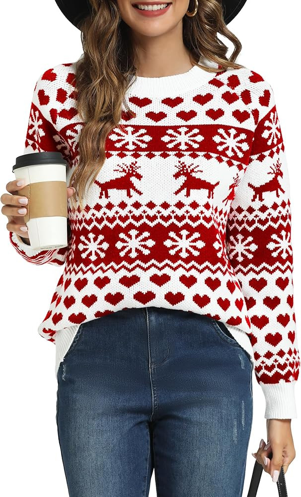 LYHNMW Women's Ugly Christmas Sweaters Snowflake Reindeer Long Sleeve Holiday Knit Xmas Sweater P... | Amazon (US)