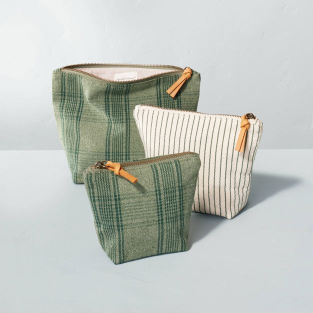 3pc Plaid & Stripes Travel Pouch Set Green/Cream - Hearth & Hand™ with Magnolia | Target