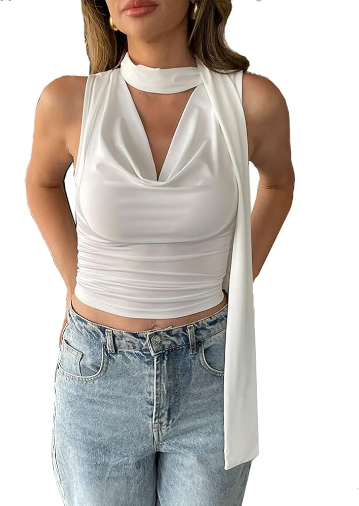Women’s Sexy Draped Cowl Neck Halter Crop Top with Scarf Y2K Deep V Sleeveless Casual Shirt Top | Amazon (US)