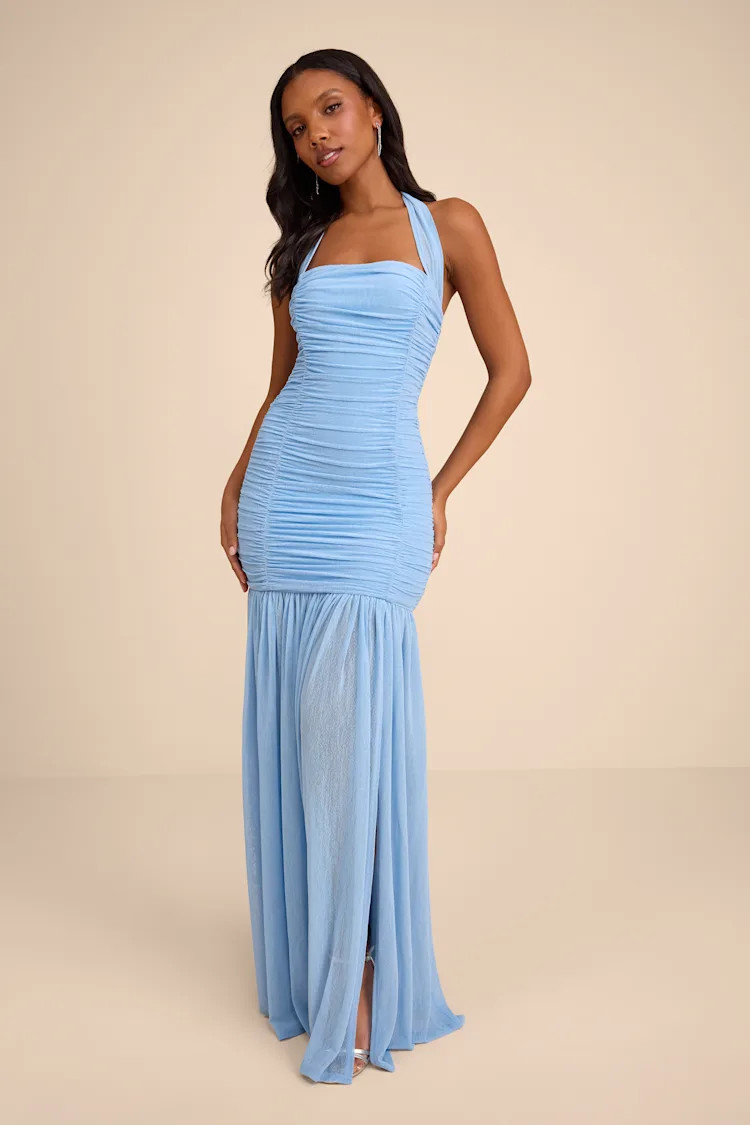 Ahana Light Blue Mesh Sheer Hem Maxi Dress | beach wedding guest dress beach | Lulus