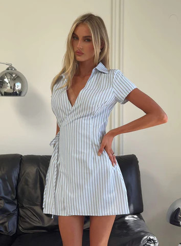 Amarita Wrap Collared Mini Dress Blue Stripe | Princess Polly US