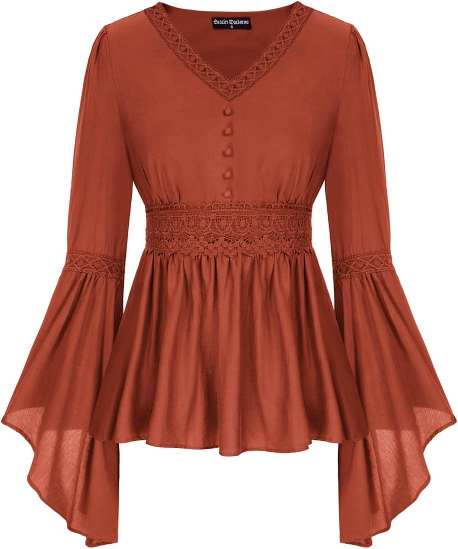 Women Renaissance Peasant Blouse Lace V Neck Bell Sleeve Peplum Top Shirt | Amazon (US)