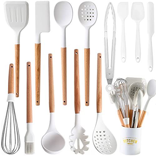 White Cooking Utensils set - Silicone Kitchen Tools Set with Wood handle for Nonstick Utensils Cookw | Amazon (US)