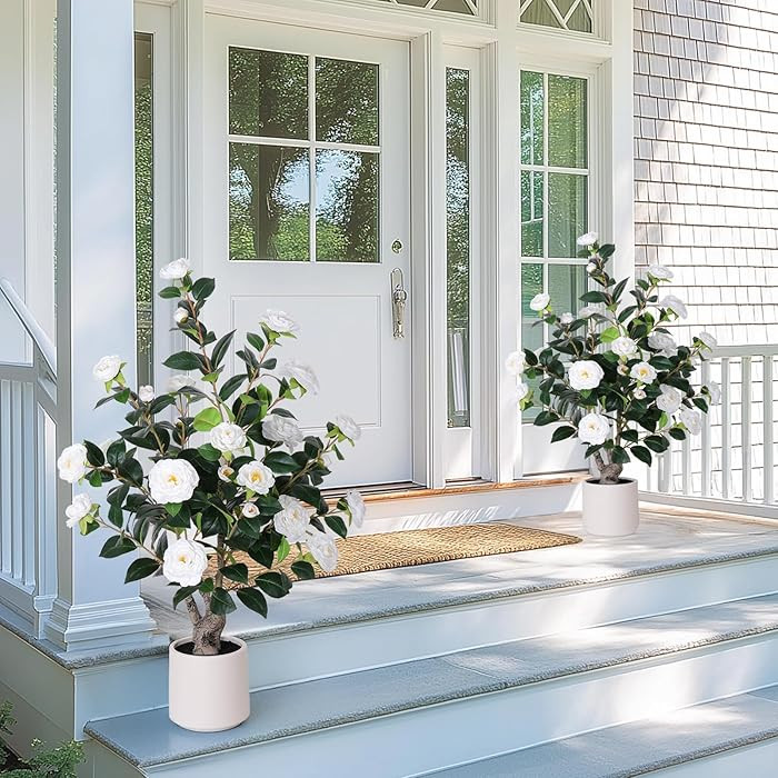 2 pcs Pack Artificial Camellia Tree with White Planter - 39 inch Tall Fake Tree,3.2 Ft Artificial... | Amazon (US)