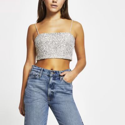 Petite silver sleeveless sequin bralet | River Island (UK & IE)