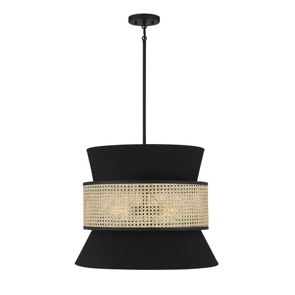 Lowry Matte Black and Natural Cane Three-Light Pendant | Bellacor