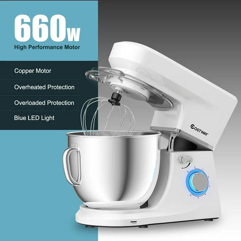 Costway Tilt-Head Stand Mixer 7.5 Qt 6 Speed 660W with Dough Hook, Whisk & Beater White - Walmart... | Walmart (US)