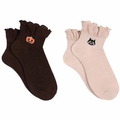 Everything Legwear Halloween Pumpkin & Cat Ruffle Anklet Socks | Target