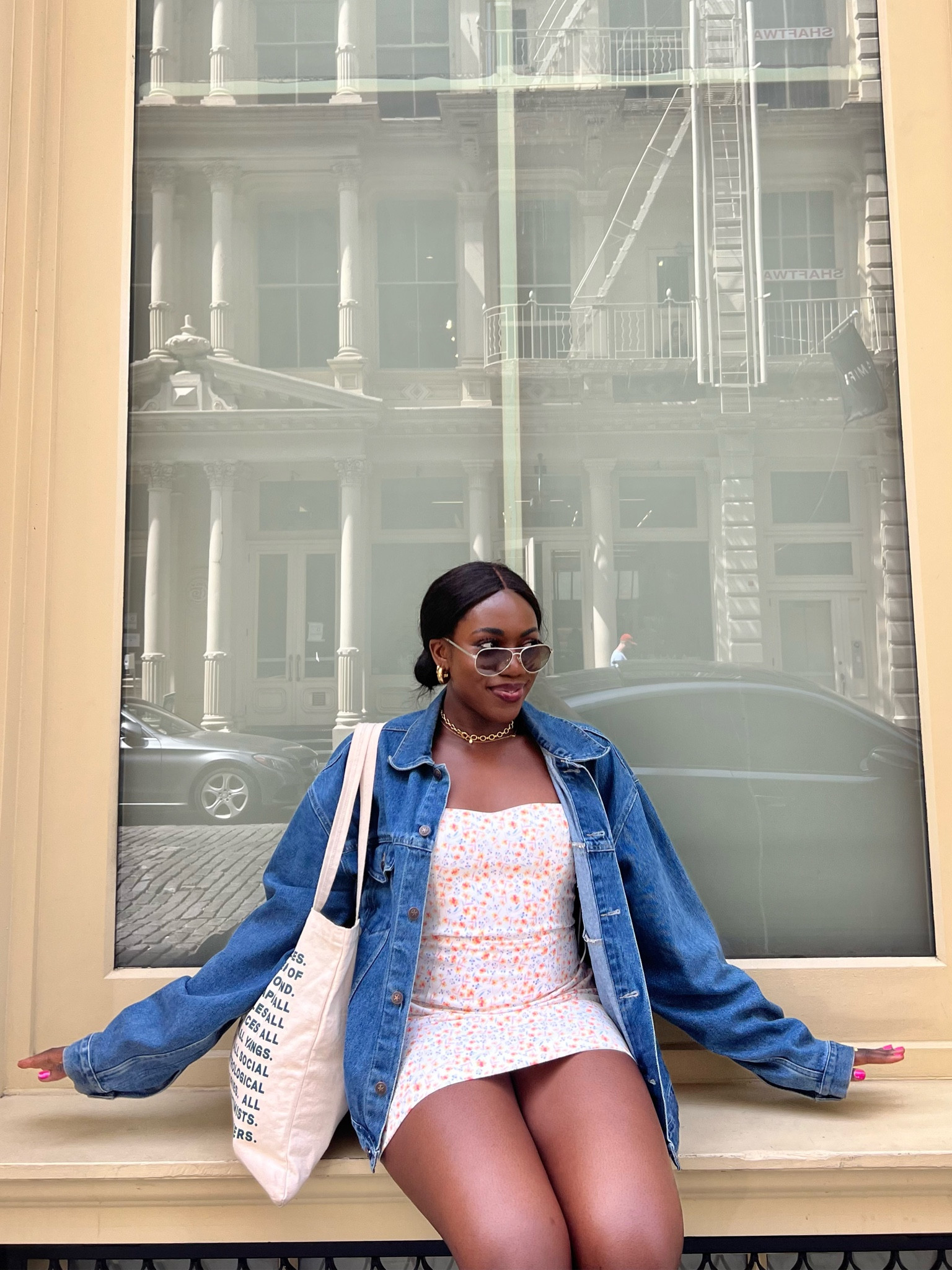 Summer outfit, outfit inspo, summer looks, summer fashion, summer dress, spring outfit, sneakers outfit, denim jacket, floral dress, mini dress, casual outfit, nyc style, oversized jacket, tote bag  


#LTKunder100 #LTKfit #LTKsalealert