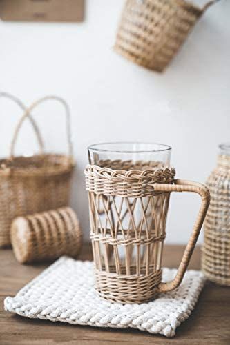 Amazon.com: RISEON Vintage Rustic Hand-Woven Bamboo Rattan Cup Holder Coasters Drink Holder Stand... | Amazon (US)