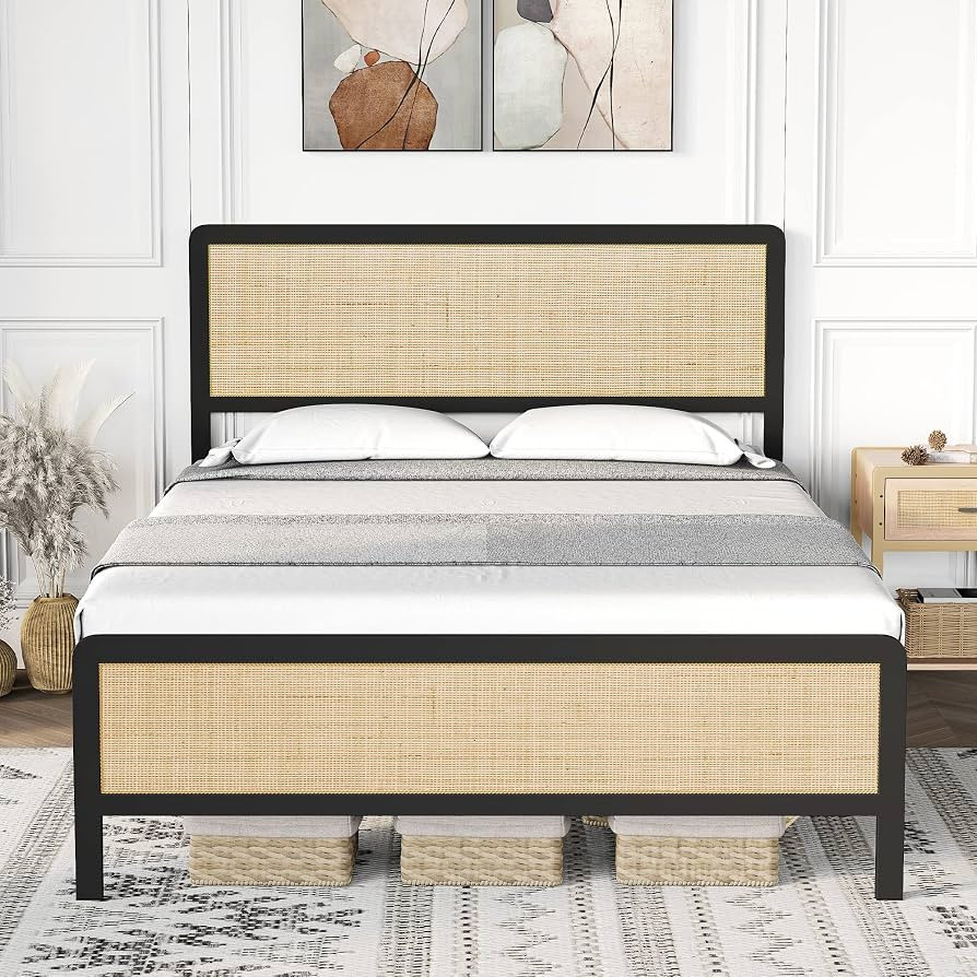 IDEALHOUSE Full Size Bed Frame with Rattan Headboard and Footboard, Platform Bed Frame with Safe ... | Amazon (US)