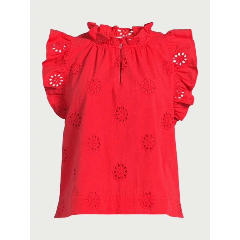 Free Assembly Women's Cotton Sleeveless Flutter Eyelet Top, Sizes XS-XXL - Walmart.com | Walmart (US)