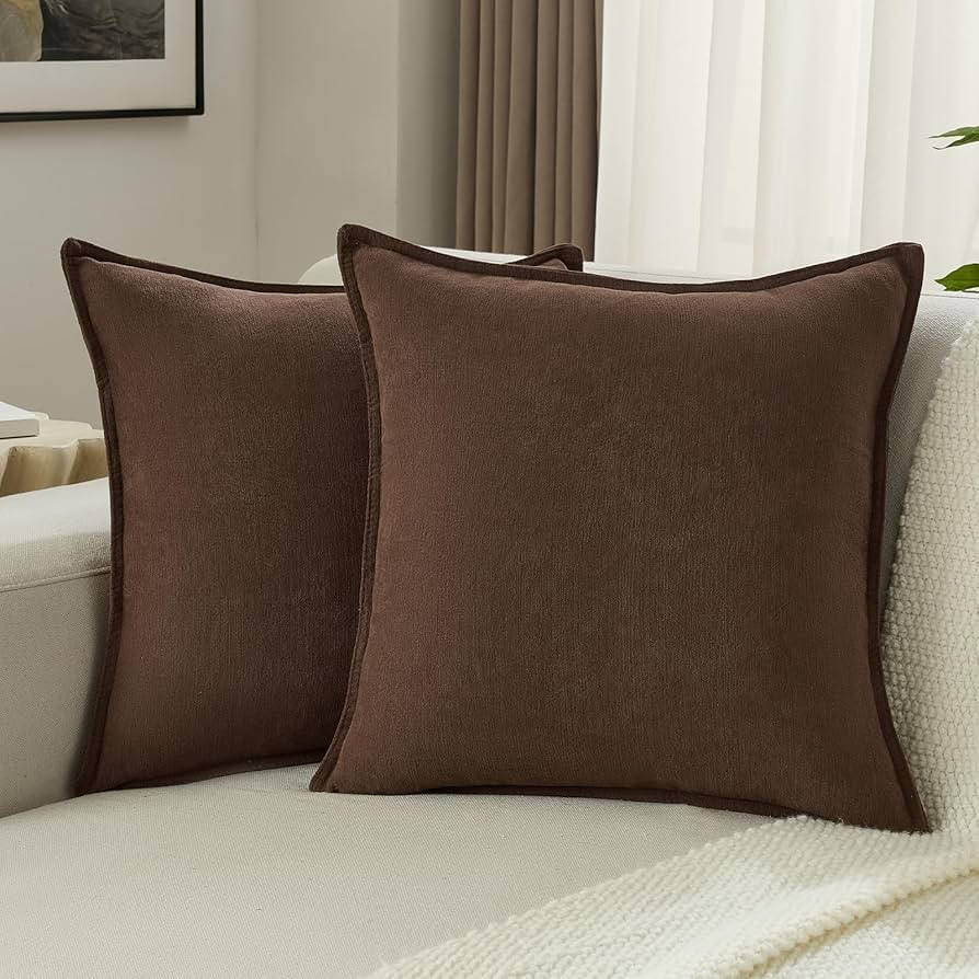 FUTEI Brown Chenille Throw Pillow Covers 18x18 Inch Set of 2,Edges Double-Stitched Cushion Cases,... | Amazon (US)