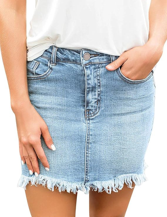 luvamia Women's Casual Mid Waisted Washed Frayed Pockets Denim Jean Short Skirt | Amazon (US)