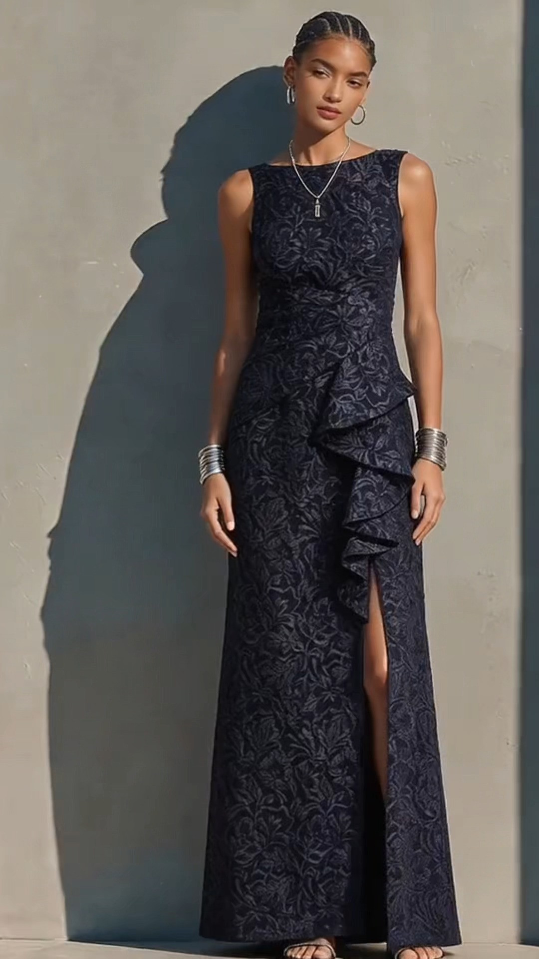 Sleeveless Textured Navy Formal Gown With Slit

#NavyDress #BlackTieEvent #EveningGown #WeddingGuestDress 

 #LTKootd #LTKOver40 #LTKWedding