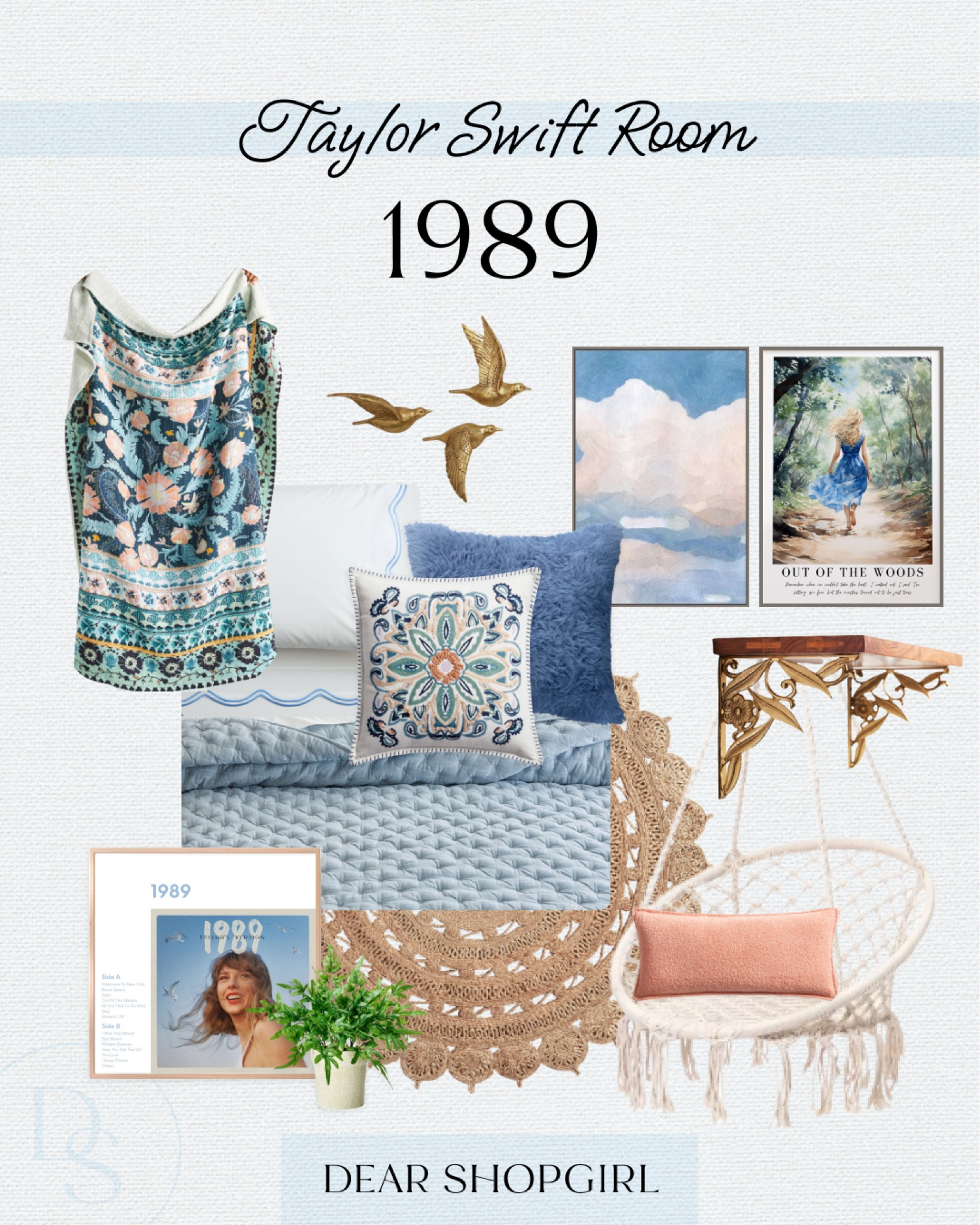 1989 vibes! Blue tones and elements of nature pull together this Taylor Swift inspired bedroom. 💙 Mood board features a light blue Pottery Barn quilt, blue scalloped sheets, embroidered and furry pillows from Target and a world Market, gauze blanket from Anthropologie, jute scalloped rug, Etsy 1989 and Out of the Woods art prints, gold floral shelf, macrame hammock swing and gold flying bird wall decor. #taylorswift #1989 #bedroominspo

#LTKFind #LTKhome #LTKkids