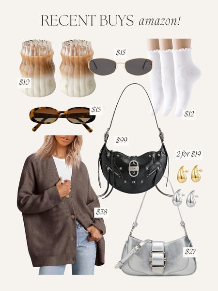 Recent amazon order! Ruffle socks, silver purse, black purse, cardigan, glass coffee cup, botegga earring lookalikes 2 for $19! 