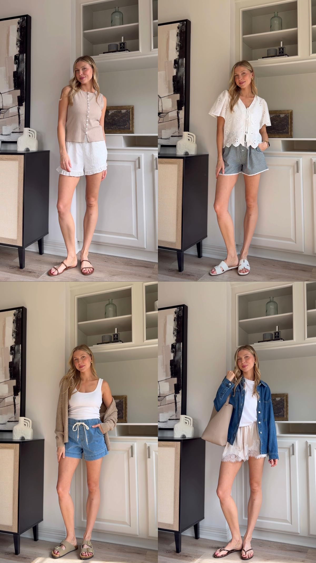 Cute, comfy but put together mom outfit ideas for spring! S in tank, S white shorts, M boxers, S lace tie top, S tank, S stretchy denim shorts, M denim shirt, M boxy white tee + M satin shorts.
 

 