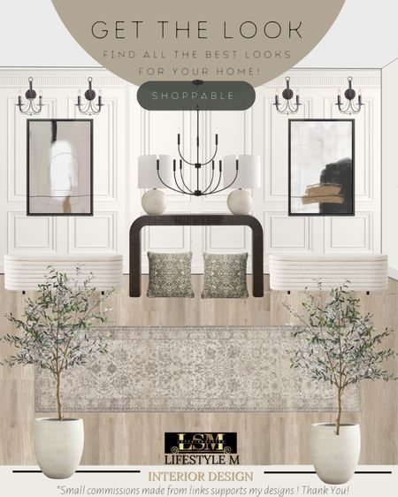 Transitional Foyer Design Inspiration. Recreate the look with these decor and furniture pieces. Black console table, throw pillows, foyer runner, white tree planter pot, faux fake tree, wood floor tile, table lamp, foyer chandelier, foyer bench, wall art, wall sconce light.

#LTKstyletip #LTKFind #LTKhome