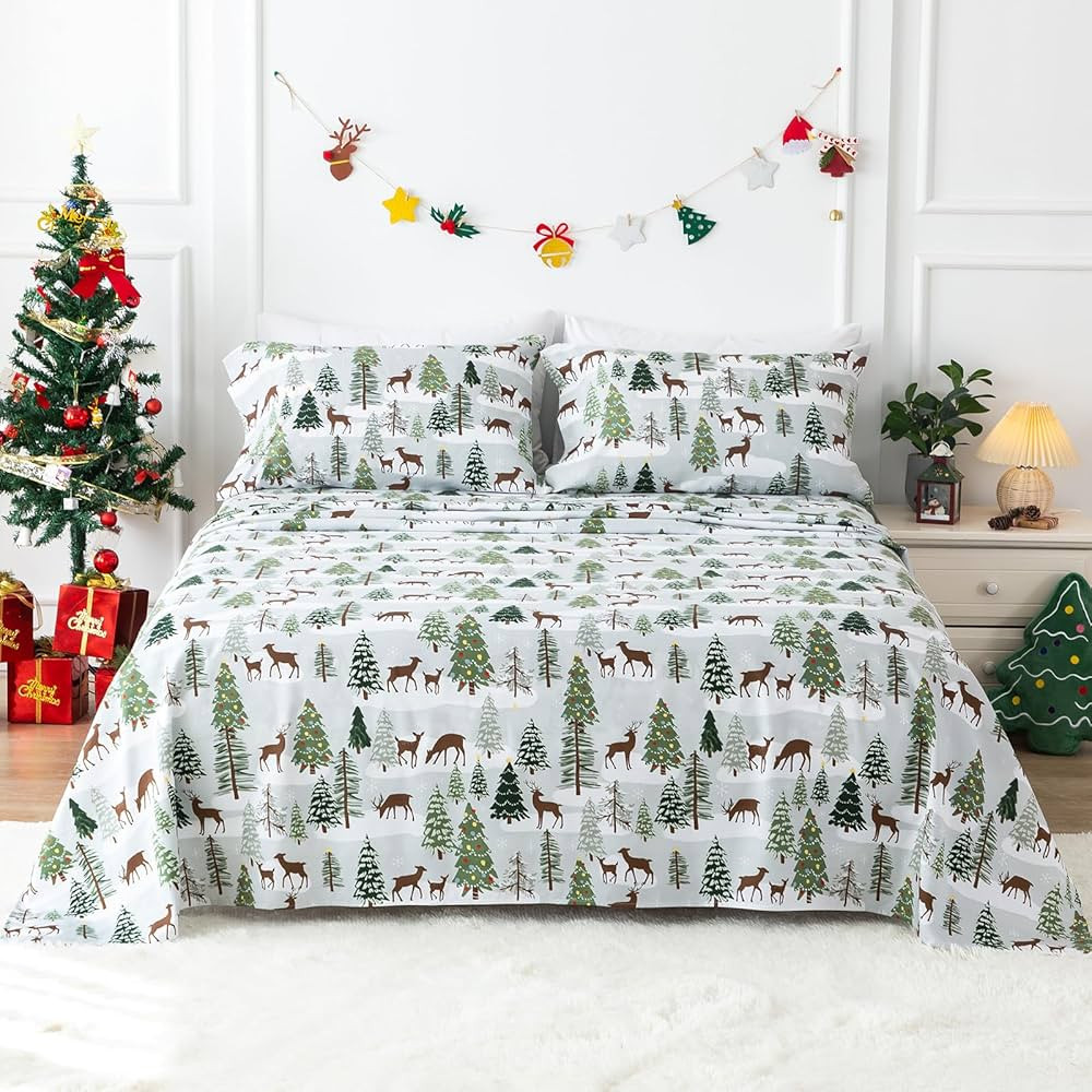 KACEMOO Christmas Sheets Queen, Soft Brushed Microfiber Pattern Bed Sheet Set, Christmas Tree Rei... | Amazon (US)
