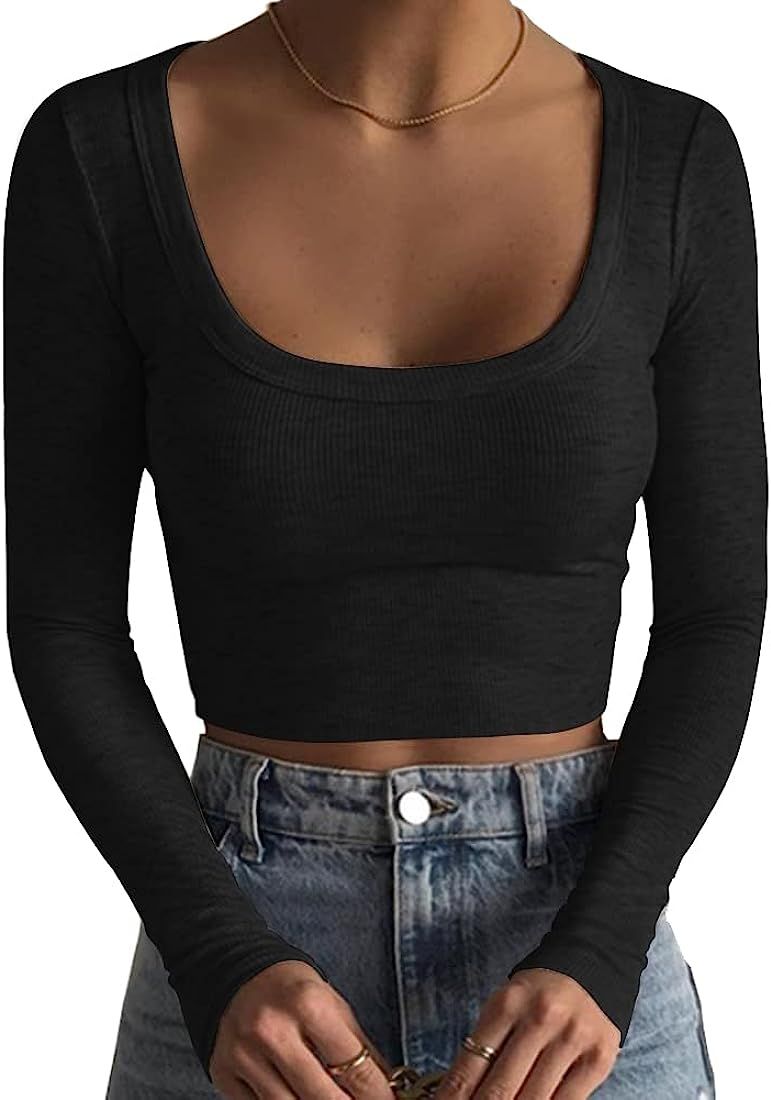 Artfish Women's Square Neck Long Sleeve Ribbed Slim Fitted Casual Basic Crop Top | Amazon (US)