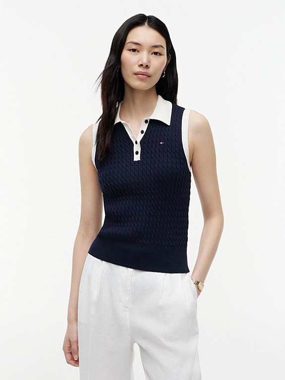 Cable Knit Slim Sleeveless Polo Jumper | Blue | Tommy Hilfiger | Tommy Hilfiger UK