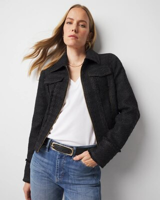 Women's Cropped Tweed Trucker Jacket in Officer Blue w/ Blk Tweed size XXS | White House Black Market | White House Black Market