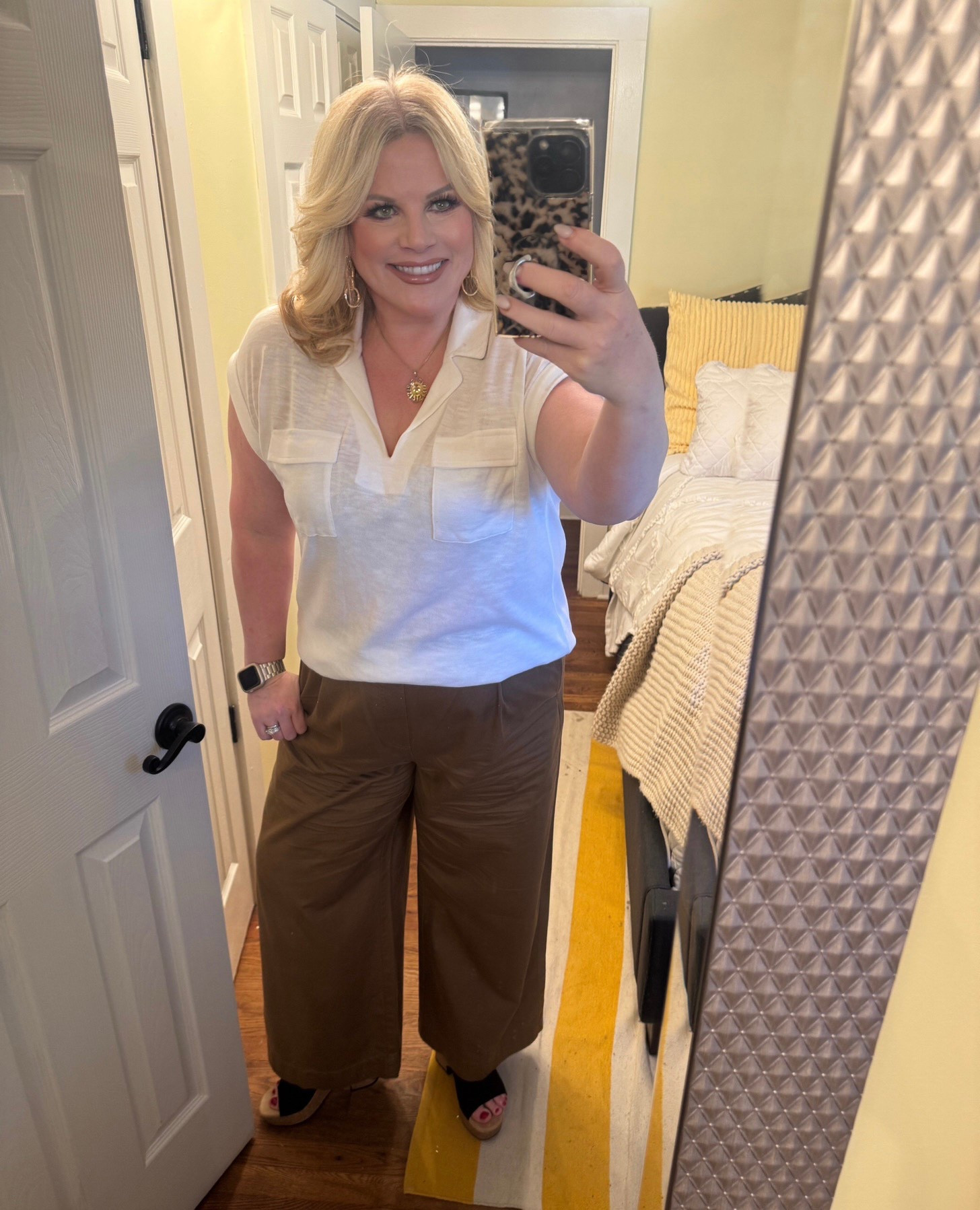 Manifesting spring finally worked. The rain has stopped. It’s no longer in the 40’s, it’s in the mid 60’s! I just got back from a nice, long walk. This outfit was comfortable enough to go for a 3 mile stroll and is put together enough for the office.
These wide leg pants are as comfortable as they are on trend. This V-neck utility top is a closet work horse. There is next to nothing that this wouldn’t pair well with!

Spring outfits, vacation outfits, work outfits, spring trends, vacation outfits, Loft, Loft Creator Club, wedge sandals 

#LTKOver40 #LTKTravel #LTKFindsUnder50