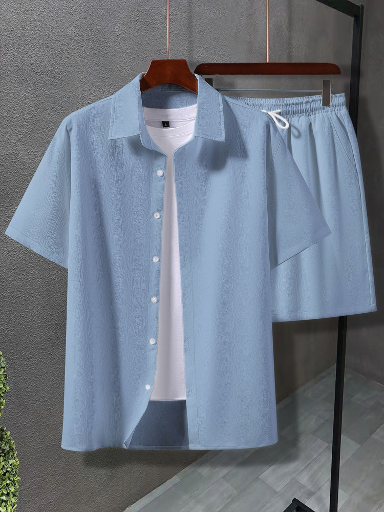 Men Solid Shirt & Drawstring Waist Shorts Without Tee | SHEIN