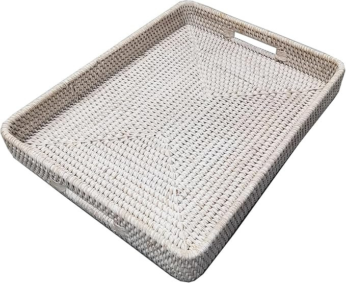 i-lan 17" Handwoven White Washed Natural Rattan Ottoman Serving Tray with Handles-Decorative Wash... | Amazon (US)