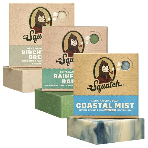 Dr. Squatch Natural Men’s Bar Soap - Cold Process Body Soap Bar with Natural Oils - Gifts for Men - Coastal Mist, Rainforest Rapids, Birchwood Breeze (5 oz, 3-Pack) | Amazon (US)
