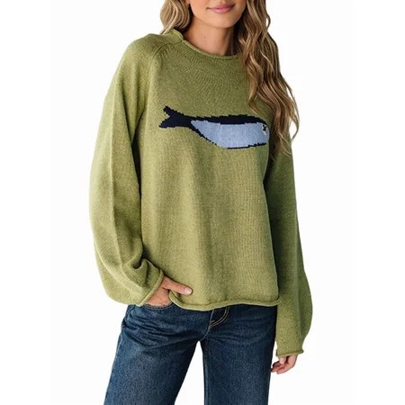 Women Cute Graphic Oversized Knitwear Long Sleeve Pullover Top Loose Fit Fall Streetwear Y2k Tops Green L | Walmart (US)