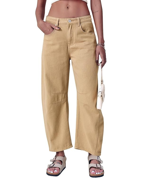 Mid Rise Barrel Jeans for Women Wide Leg Mid Waist Cropped Denim Pants Y2k Baggy Boyfriend Jeans ... | Amazon (US)