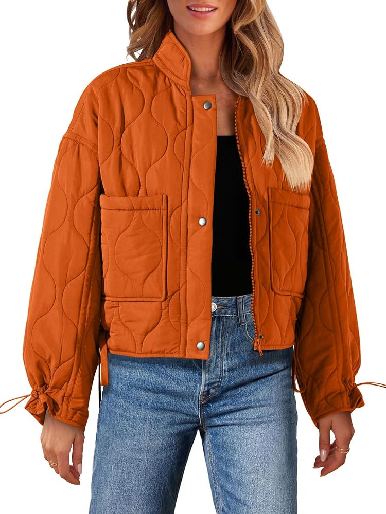 MEROKEETY Women's Cropped Zip-Up Bomber Jackets Warm Quilted Long Sleeve Stand Neck Winter Coats | Amazon (US)