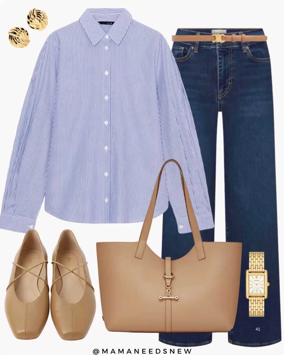 A spring outfit with a striped shirt, jeans, tote bag, flats 

#LTKWorkwear #LTKootd #LTKSaleAlert