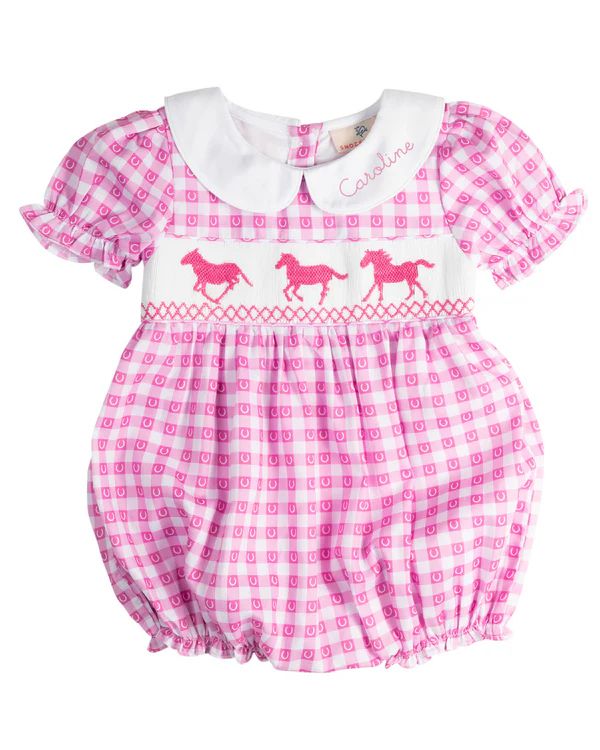 Lucky Strides Smocked Pink Horse Bubble | Smockingbird Kids