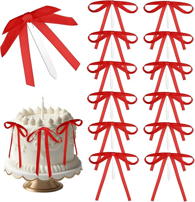 12 Pcs Red Bow Ribbon Cake Toppers 5 x 7 Inches Satin Bow Cake Toppers Coquette Party Decorations... | Amazon (US)