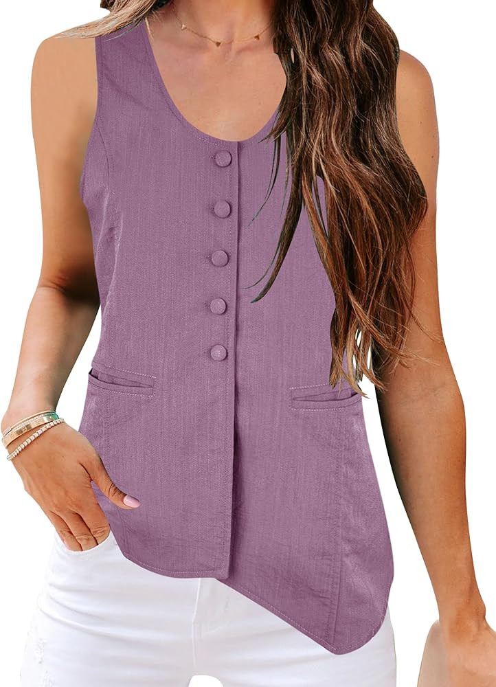 PRETTODAY Women's Scoop Neck Tank Top Button Down Sleeveless Shirts Casual Solid Linen Blouse Top... | Amazon (US)