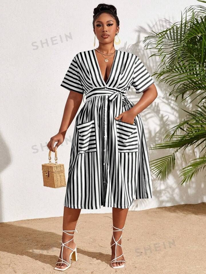 SHEIN Slayr Plus Size Striped Floral V-Neck Casual Dress With Pockets | SHEIN