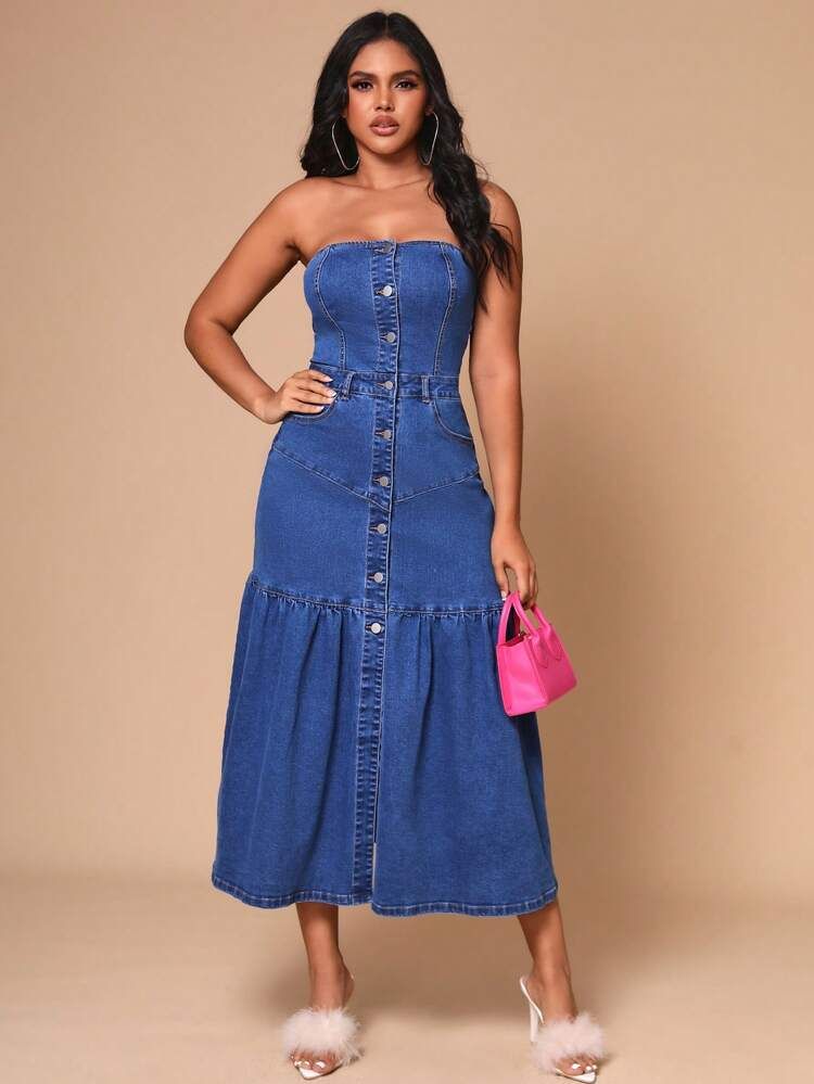 SHEIN SXY Button Front Ruffle Hem Tube Denim Dress
       
              
              $36.99   ... | SHEIN