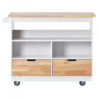 FUNKOL White Solid Wood 46 in. W Kitchen Island with 2 Drawers and 3 Open Compartments and Wood T... | The Home Depot