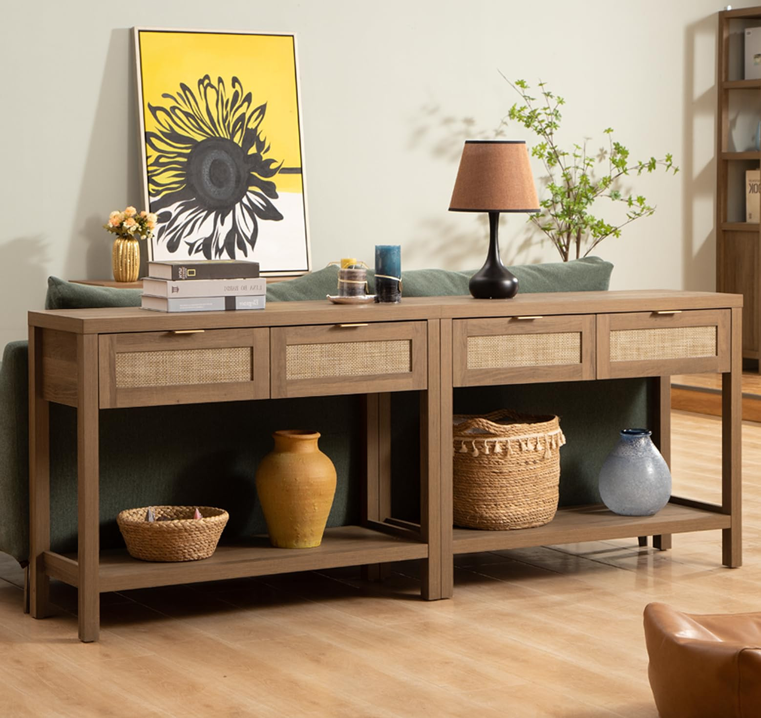 SICOTAS Console Table Set of 2 - Boho Entryway Table with Rattan Drawers, Rattan Console Table with 2 Tier Shelf, Narrow Long Sofa Tables for Living Room, Entry Table for Hallway, Foyer | Amazon (US)