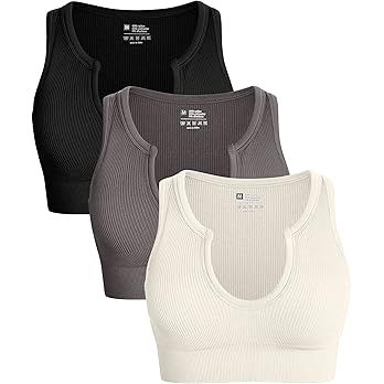 OQQ Women's 3 Piece Medium Support Crop Top Seamless Ribbed Removable Cups Workout Yoga Sport Bra | Amazon (US)