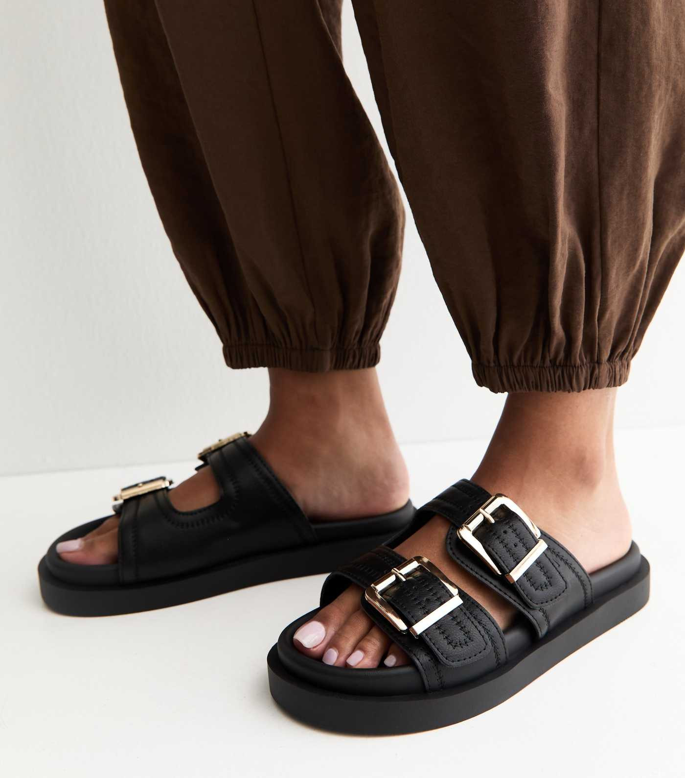 Wide Fit Black Faux Leather Double Strap Flat Mules | New Look | New Look (UK)