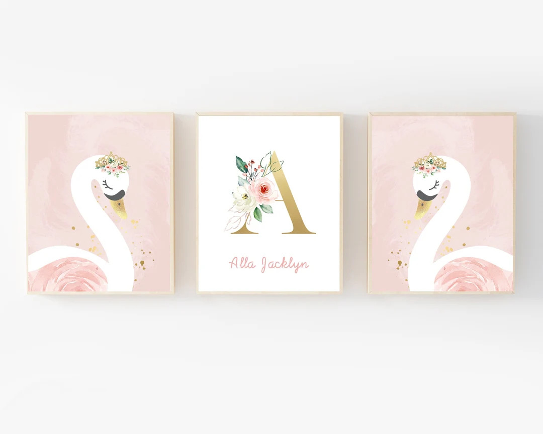 Swan Nursery Wall Art Blush Pink Nursery Girl Name Wall Art Girl Nursery Decor Watercolor Swan Sw... | Etsy (US)