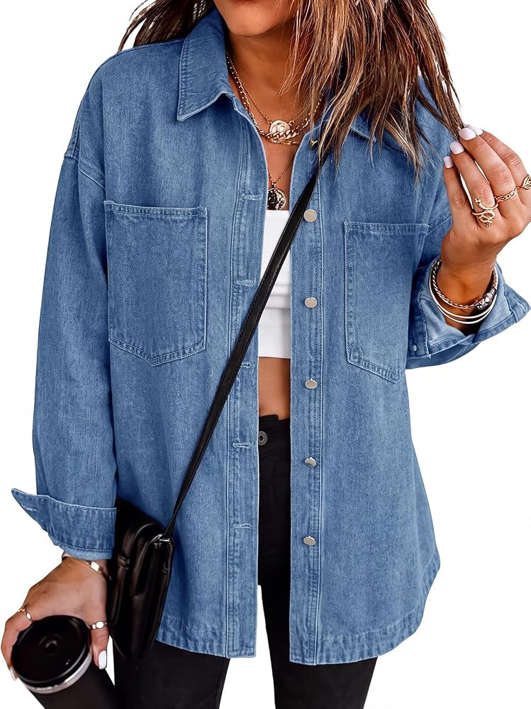 Tankaneo Womens Oversized Denim Shirt Jacket Button Down Fall Jean Shacket | Amazon (US)