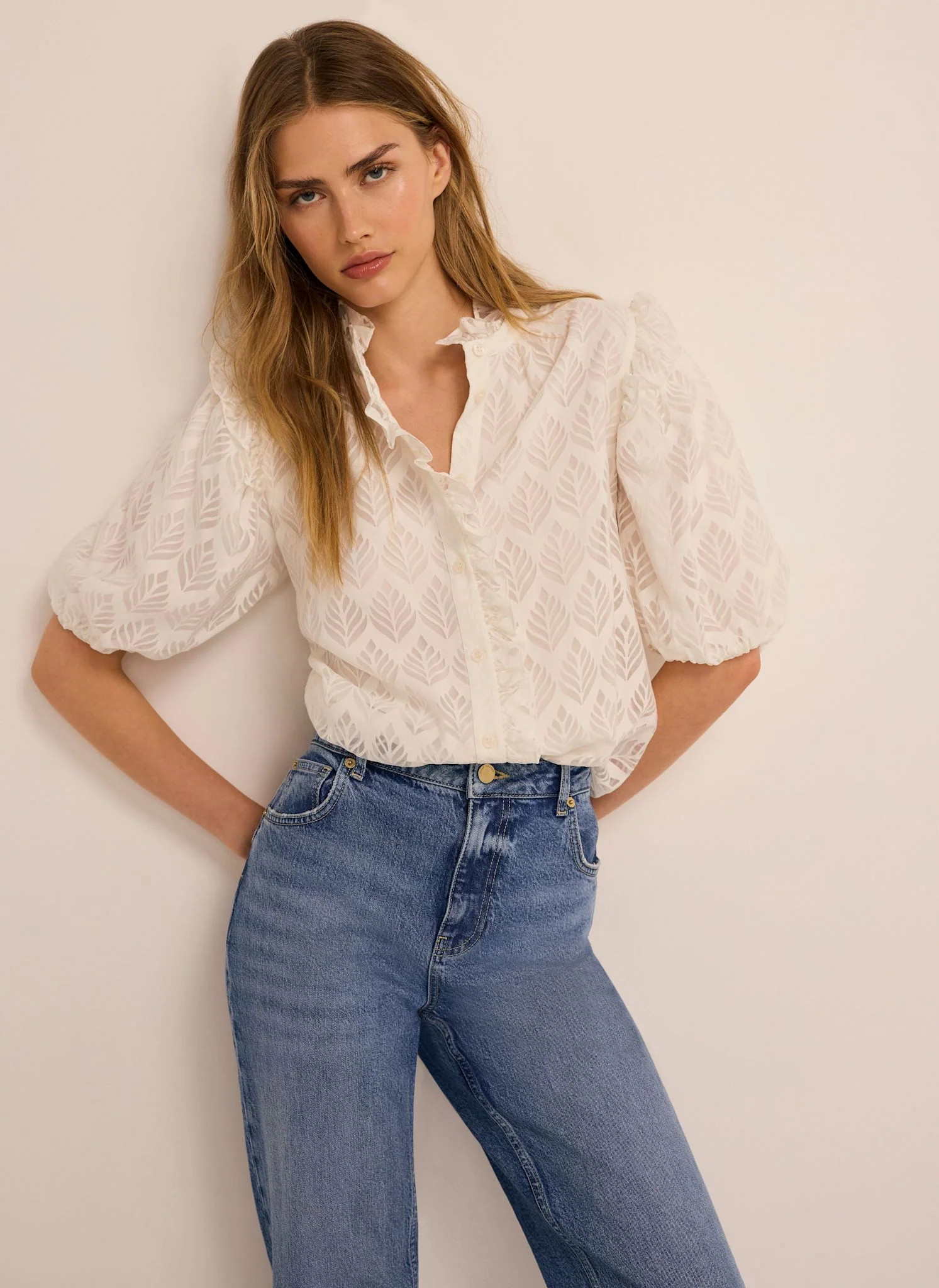 White Jacquard Ruffle Blouse | Mint Velvet - US
